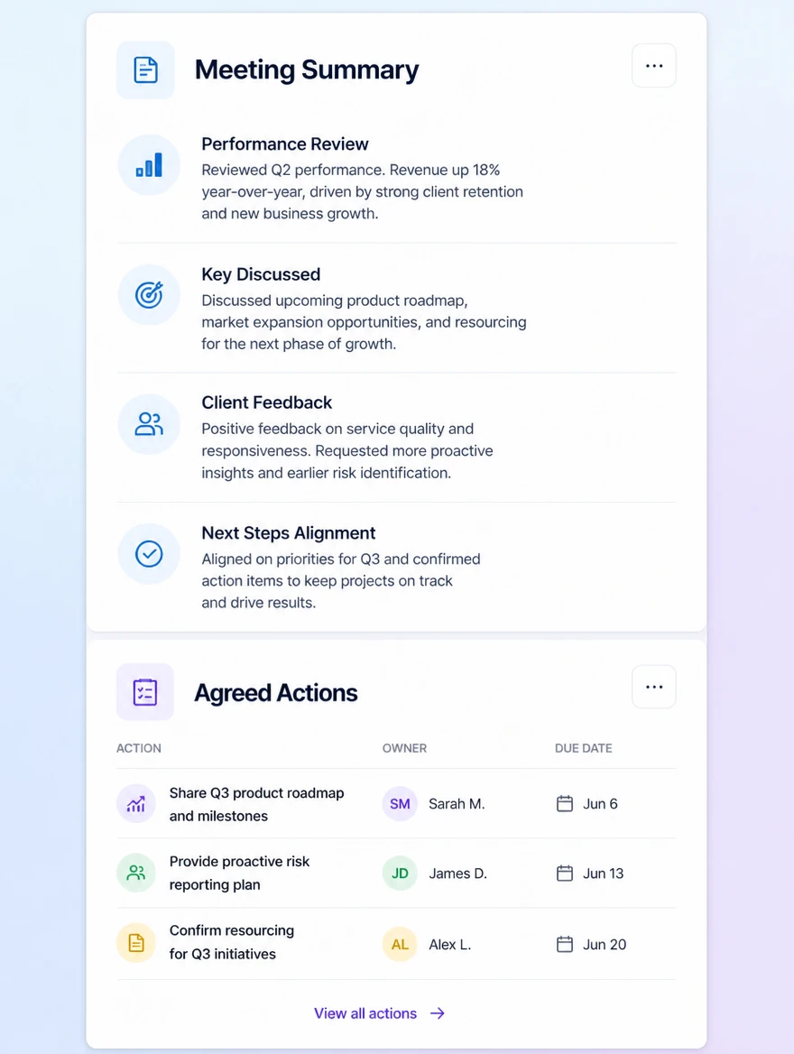 A client account with a meeting summary and the actions agreed