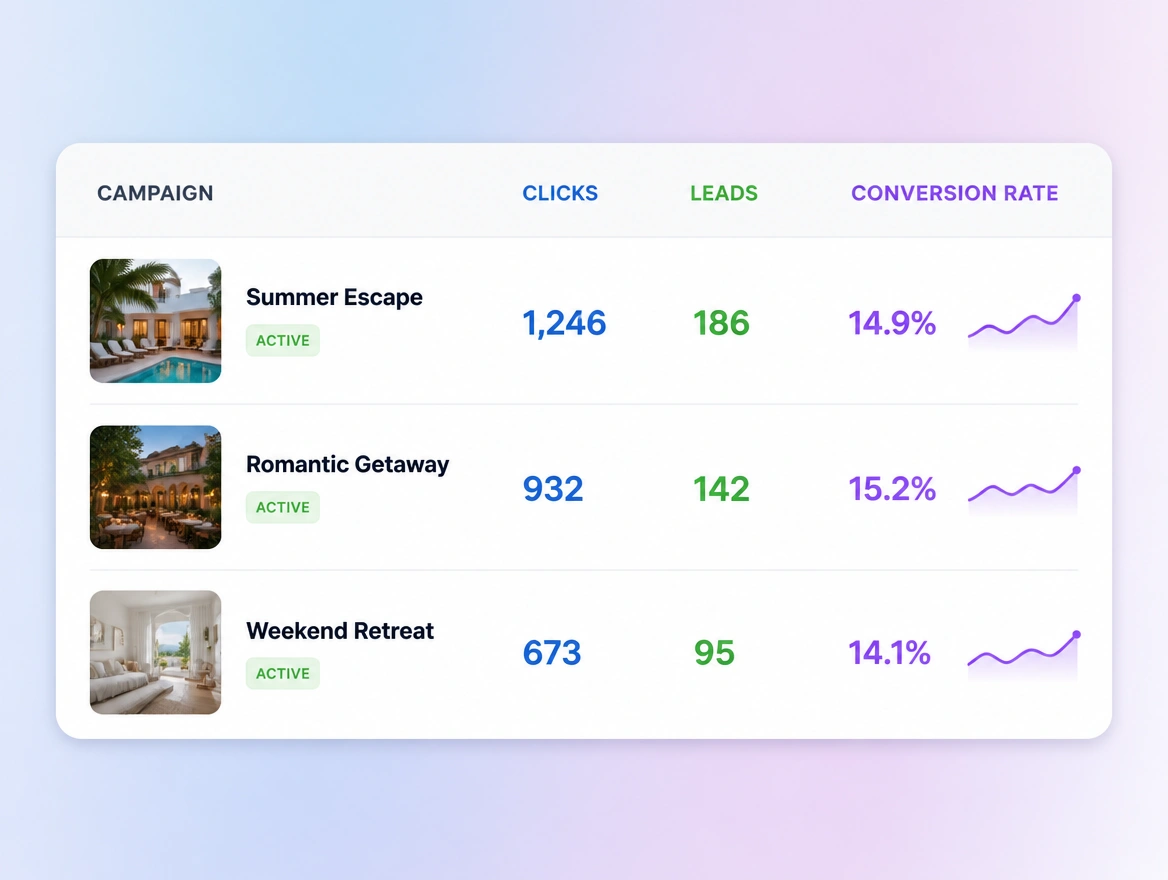 A close view of an advertising campaign table for a boutique hotel showing clicks, leads and conversion rate