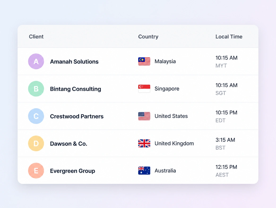 A close view of a client list showing clients in Malaysia, Singapore, the US, the UK and Australia with their local times