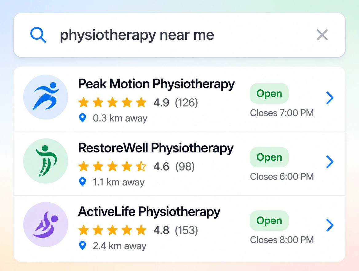 A close view of a search for physiotherapy nearby, three clinics listed with their ratings and closing times