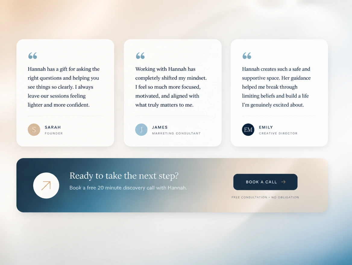 A coaching results page with client testimonials and a clear next step