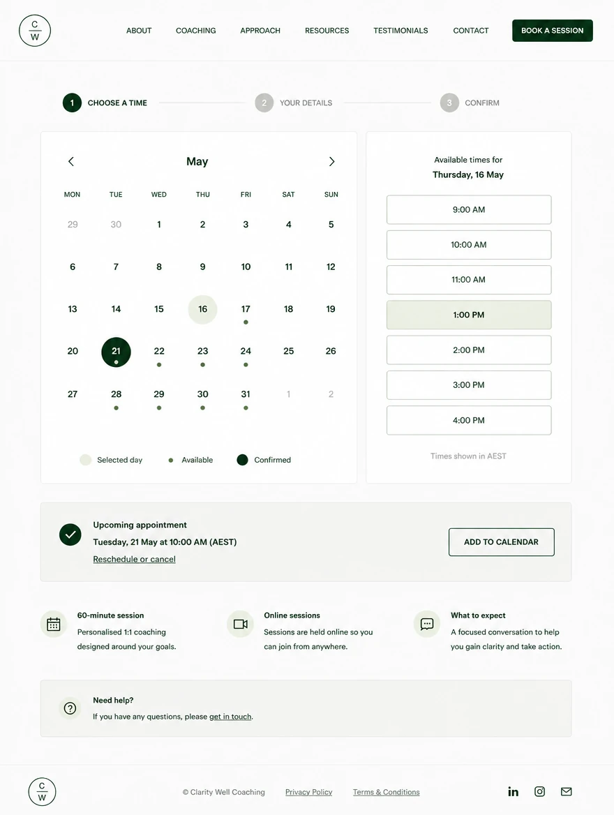 A coaching website booking page: pick a time, available slots and a confirmed session