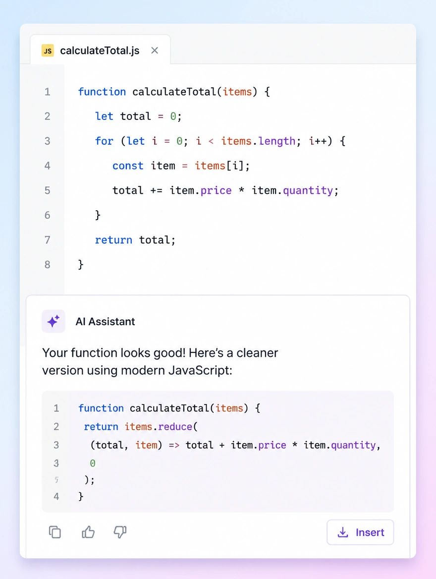 A code editor with an open file and an AI assistant suggesting a shorter version