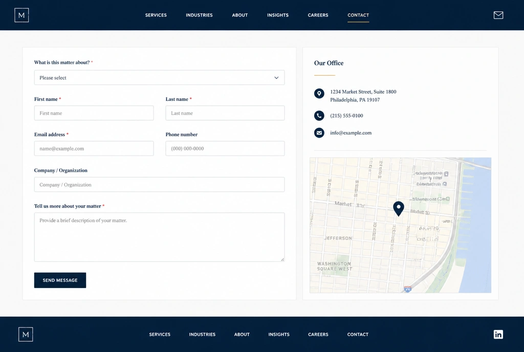 A contact page with a form asking what the matter is about, the office address and a map