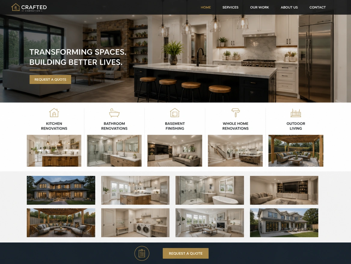 A contractor home page with the trades covered, a gallery of finished work and a request a quote button