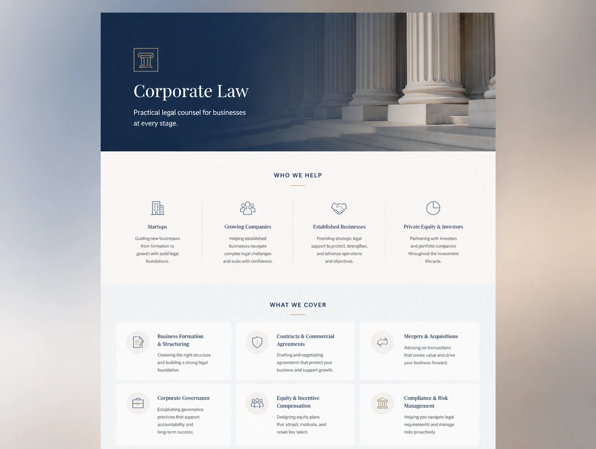 A corporate law page listing the kinds of client the firm helps and the areas it covers
