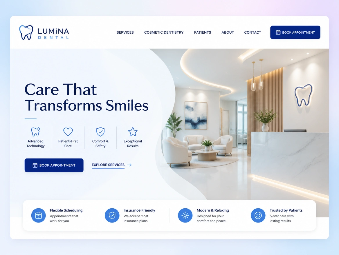 A dental practice home page with its booking button, treatment links and reassurance row