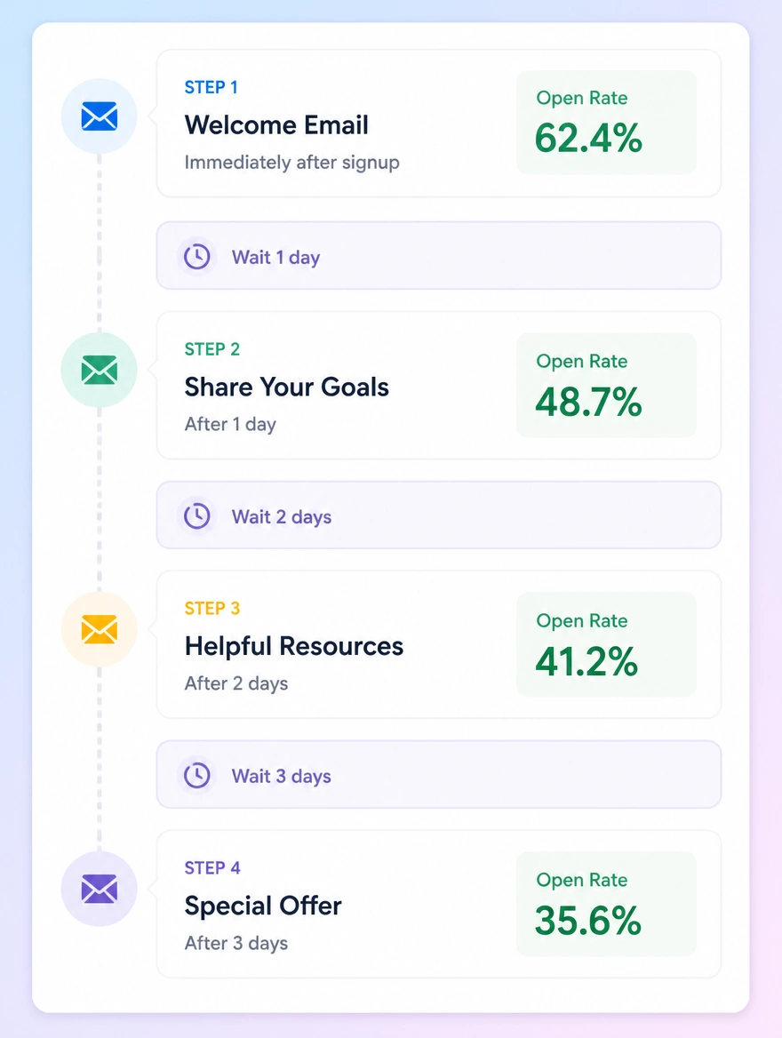 An email sequence with step cards and the open rate for each one