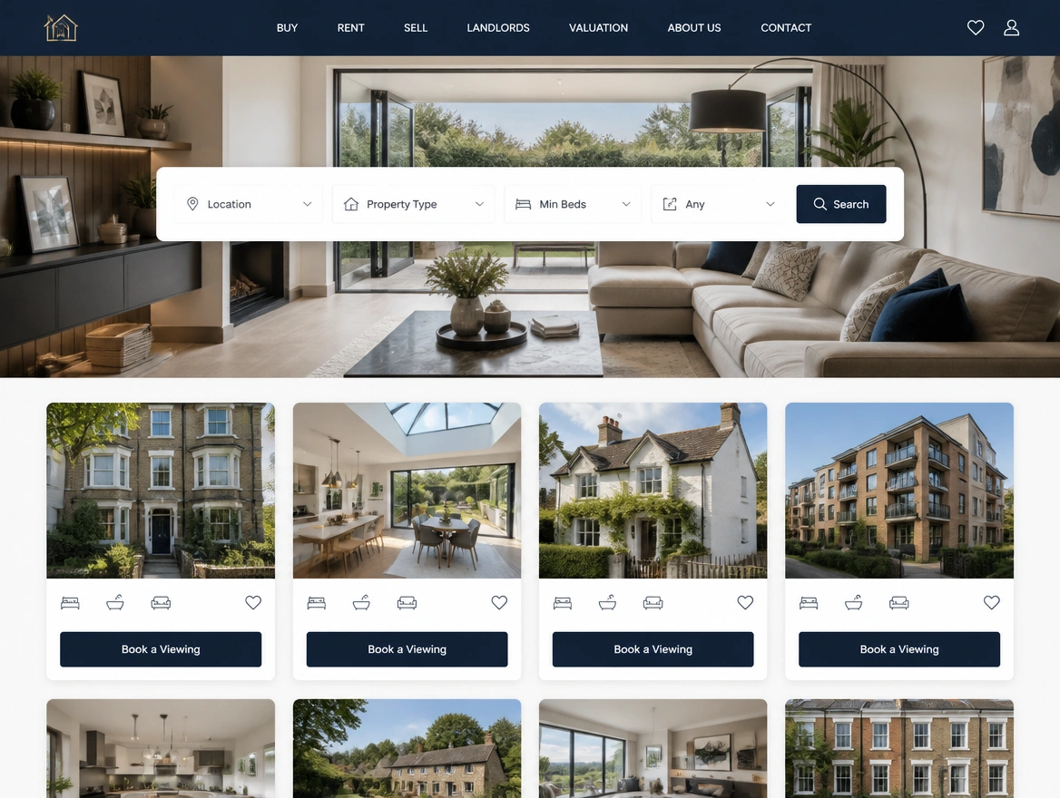 An estate agency home page with a property search, featured listings and a button to book a viewing