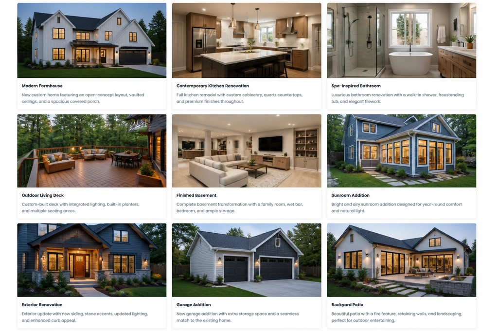 A gallery of completed projects, each with a photograph and a short description