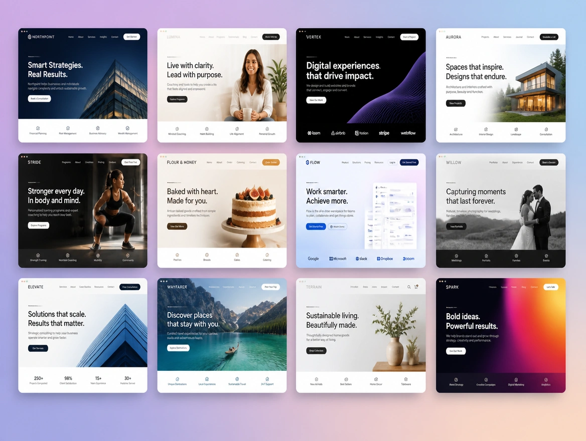 A grid of finished business website home pages