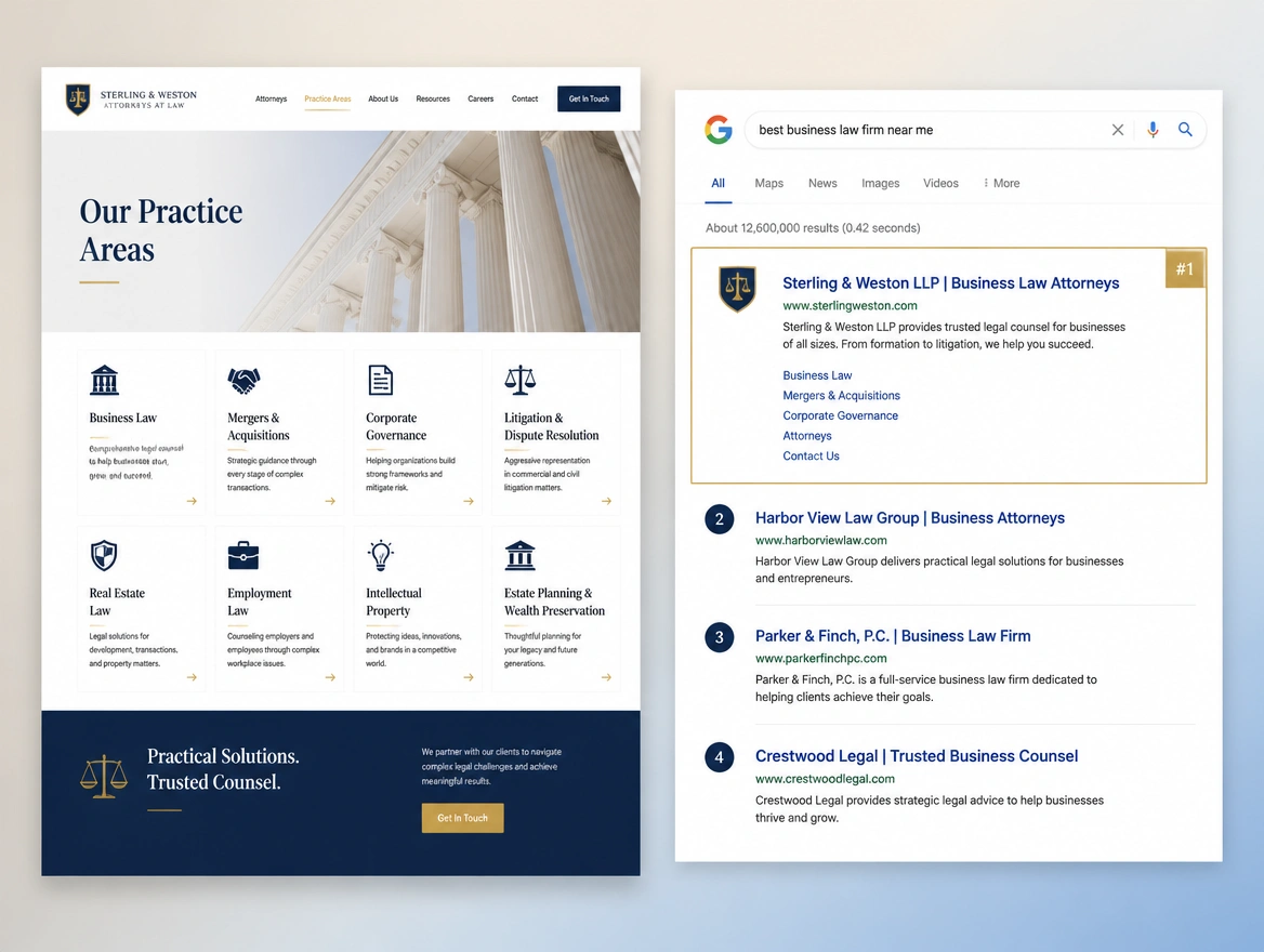 A law firm practice area page beside a search results page listing the same firm first