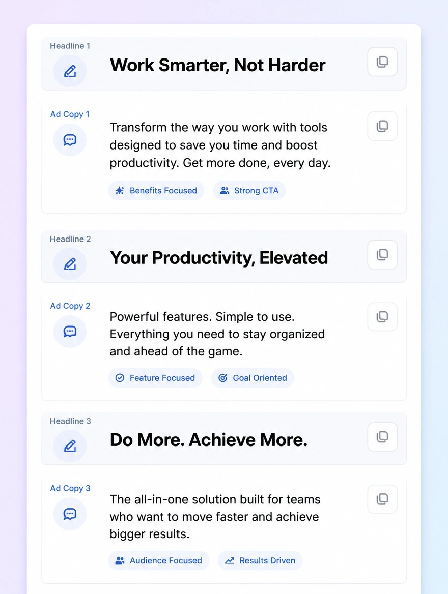 A list of headline variations above ad copy cards