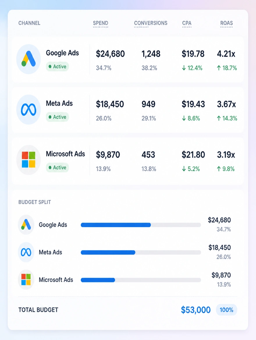 A marketing report showing performance by channel with the budget split