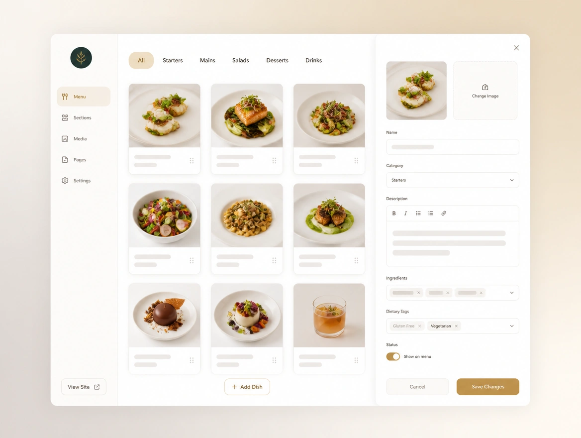 A menu manager with dish photographs and an edit panel for name, category and dietary tags