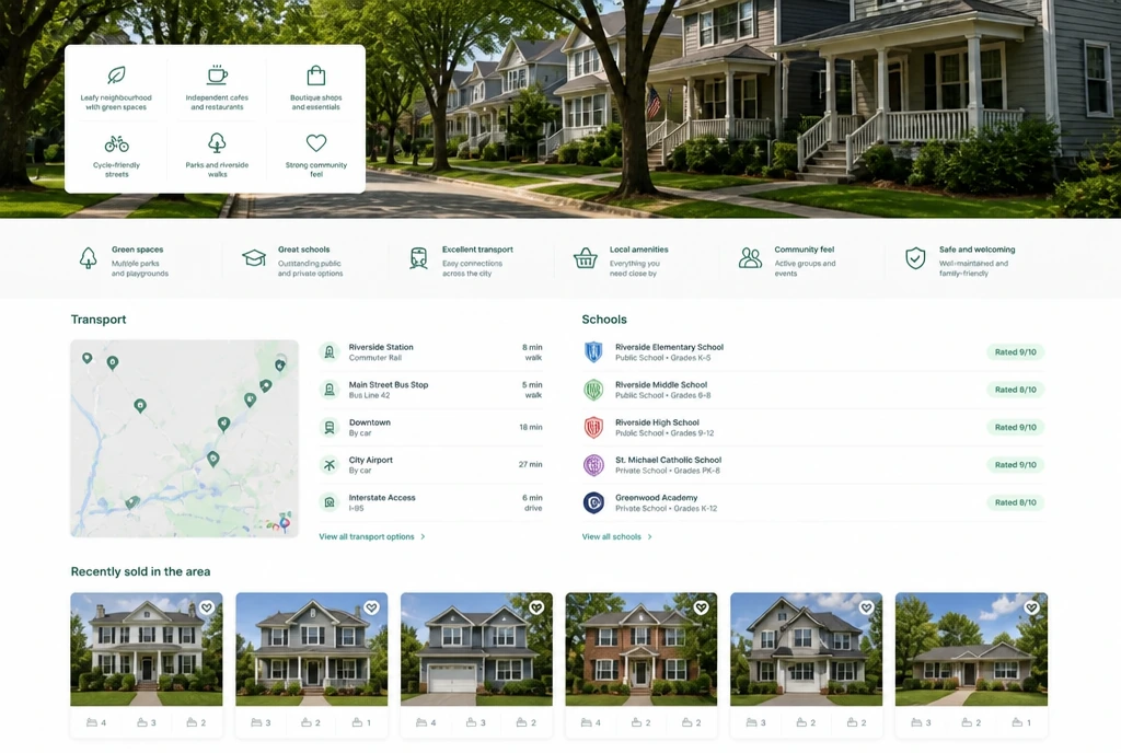 A neighbourhood guide page showing transport, schools and homes recently sold in the area