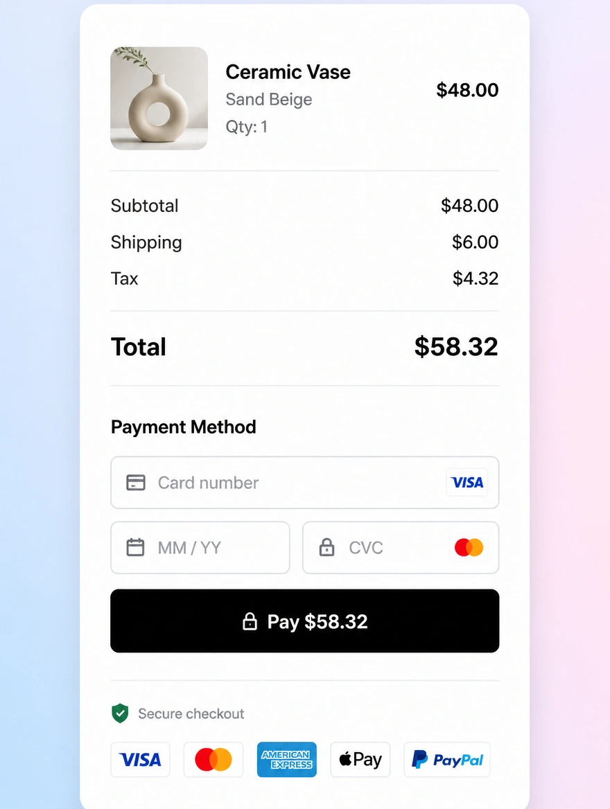 An online store checkout screen with an order summary and payment options