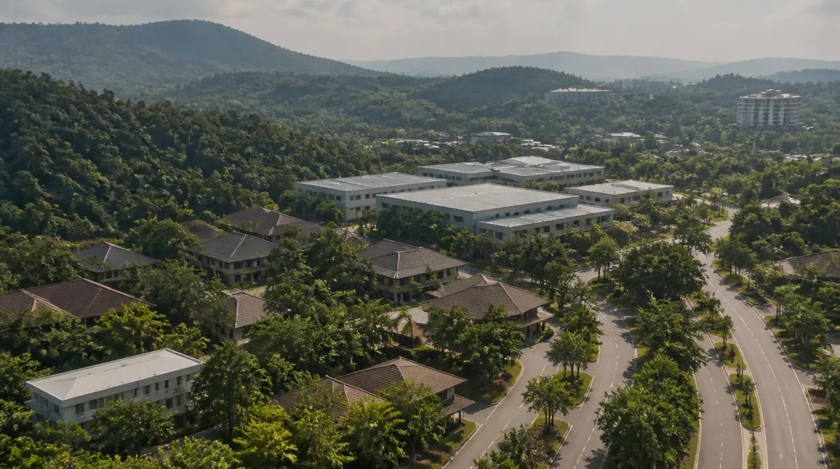An overview of Ayer Keroh in Melaka with resort grounds and industrial units among the trees