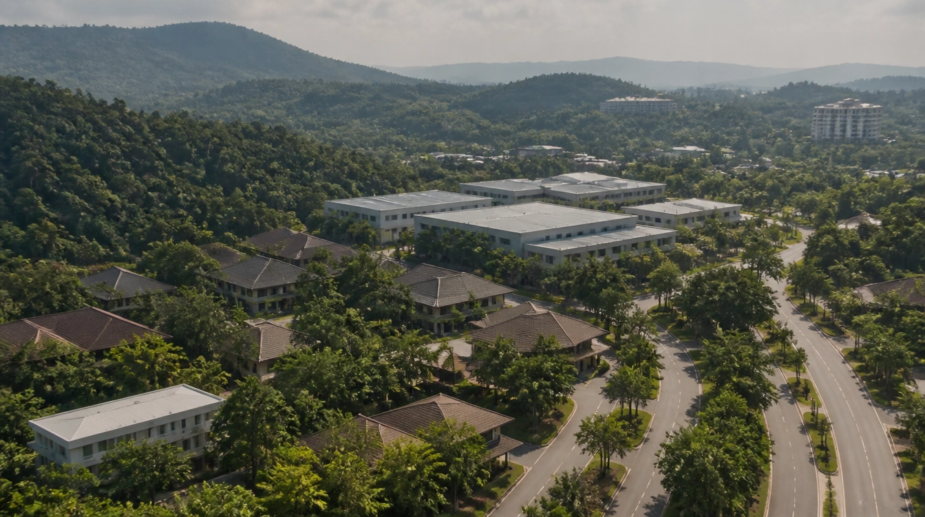 An overview of Ayer Keroh in Melaka with resort grounds and industrial units among the trees