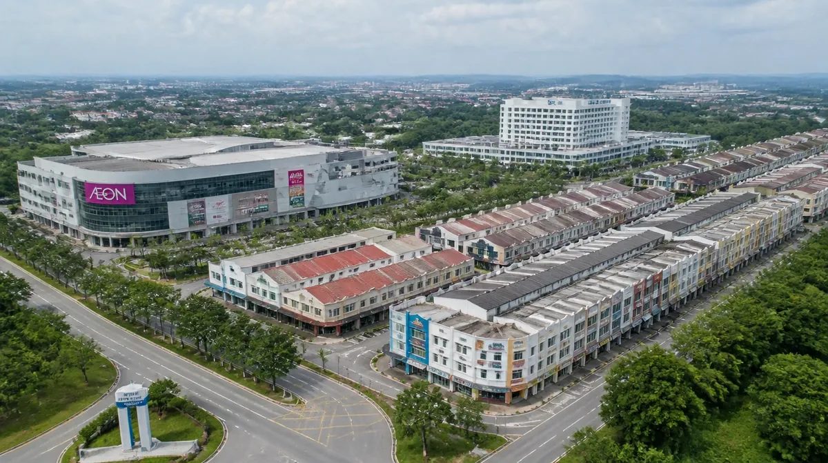 An overview of Bandar Bukit Tinggi in Klang with the shopping mall, hospital and rows of shop-offices