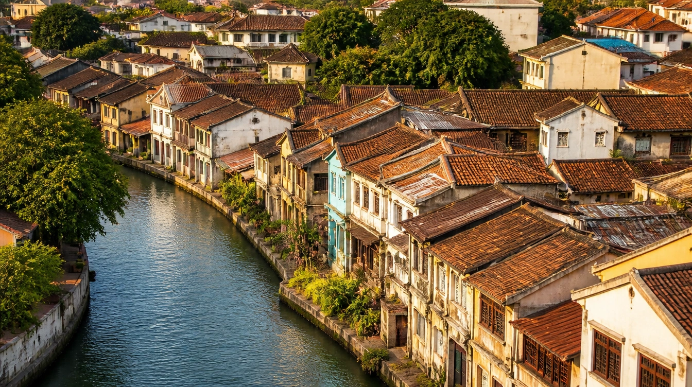 An overview of the Bandar Hilir heritage quarter in Melaka beside the river