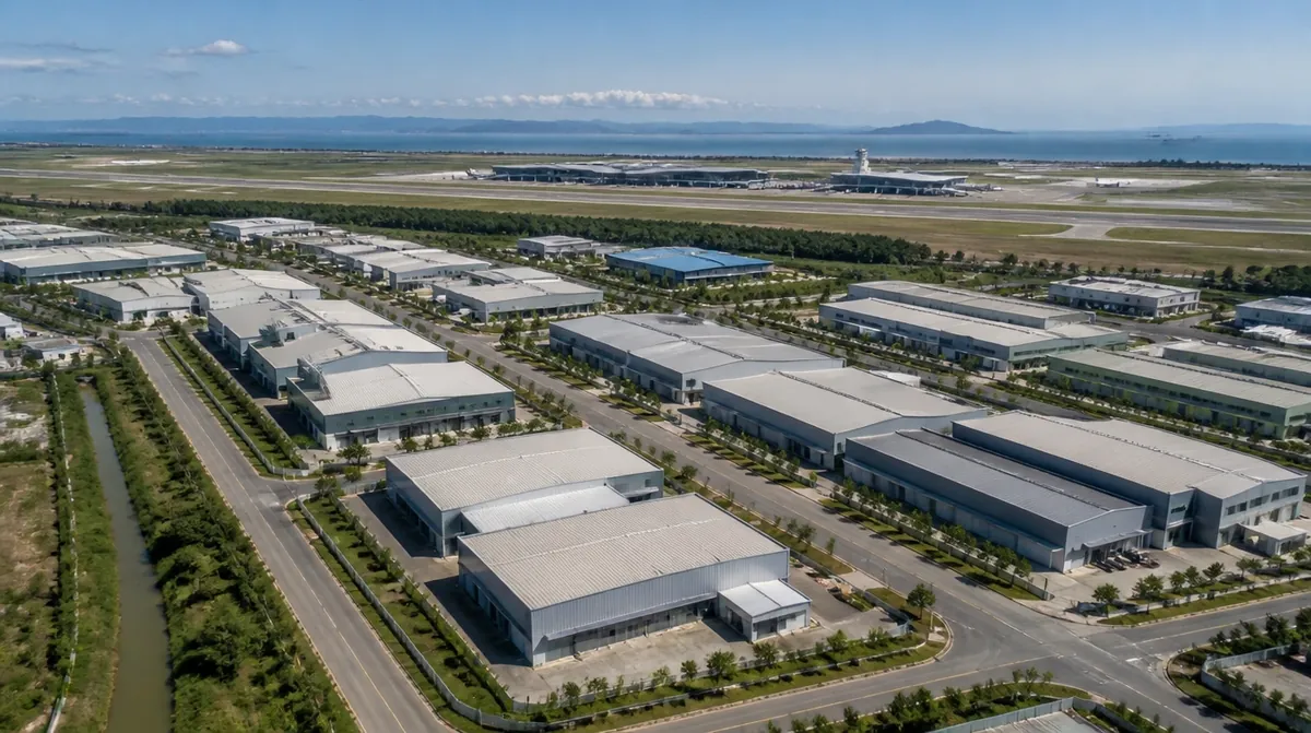 An overview of Batu Berendam in Melaka with factory units and the airport runway beyond