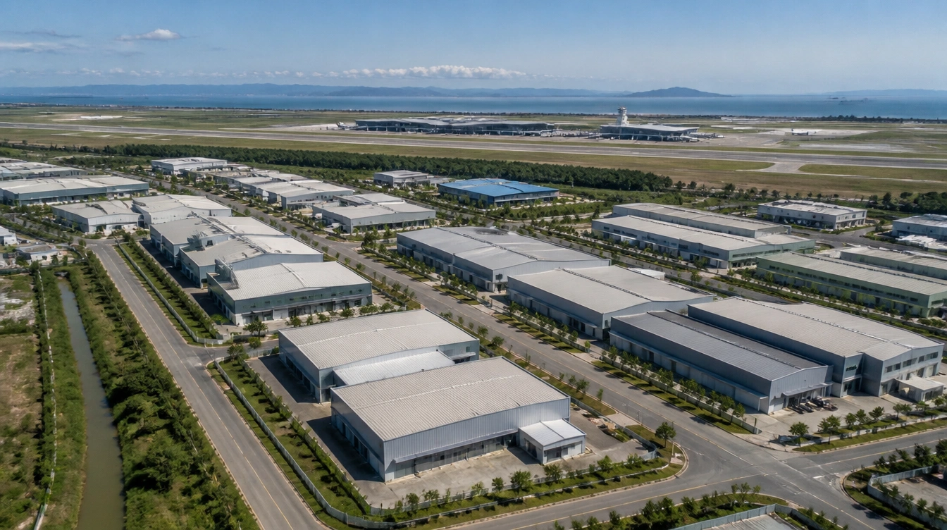 An overview of Batu Berendam in Melaka with factory units and the airport runway beyond