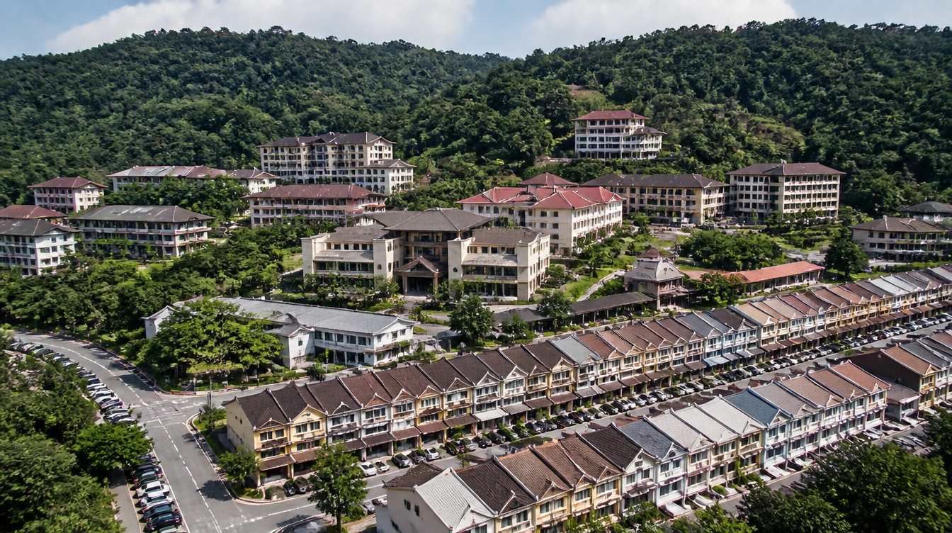 An overview of Bukit Beruang in Melaka with campus buildings and shoplots below the hill