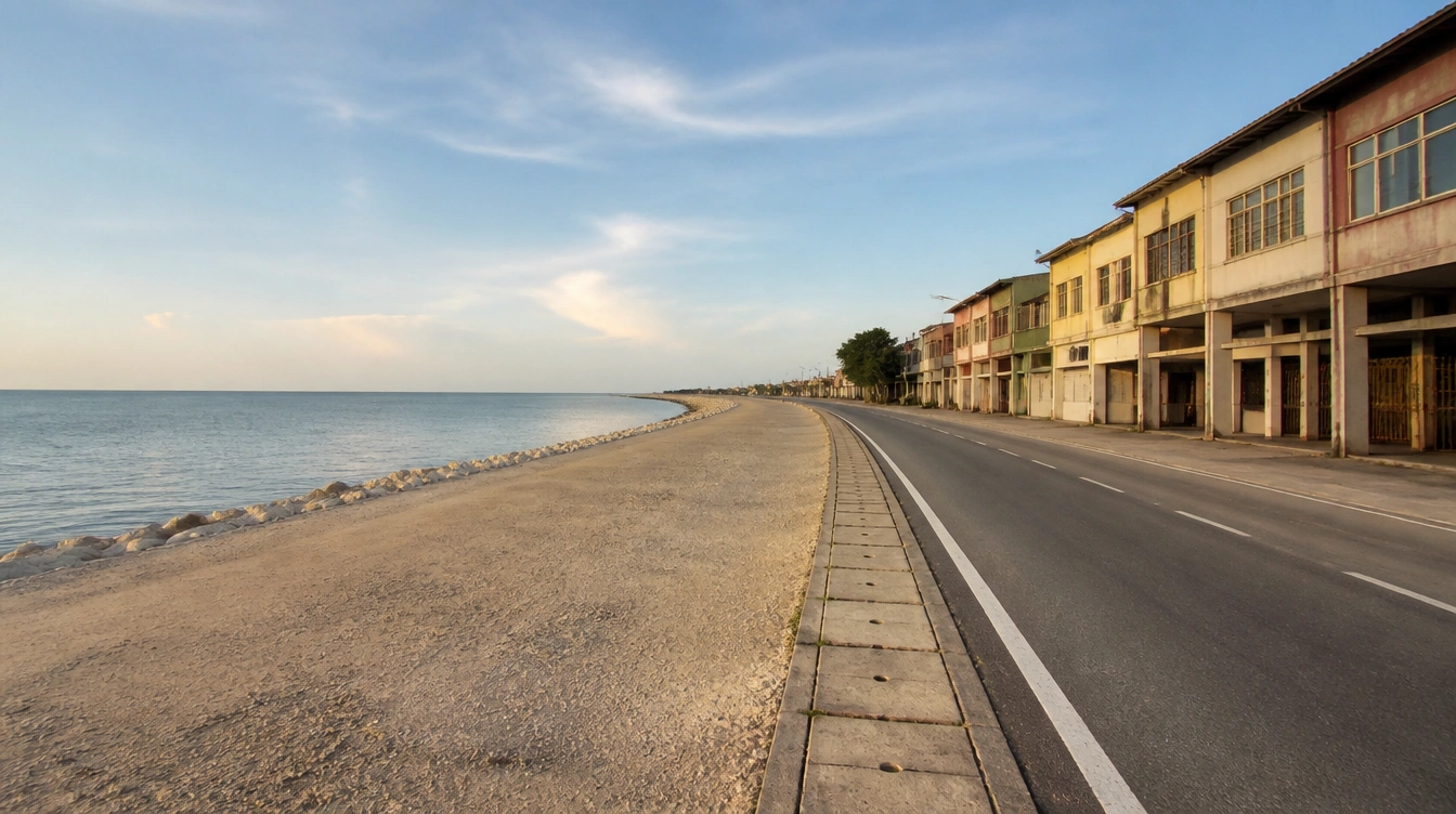 An overview of the Klebang seafront in Melaka with the coast road and shoplots behind it