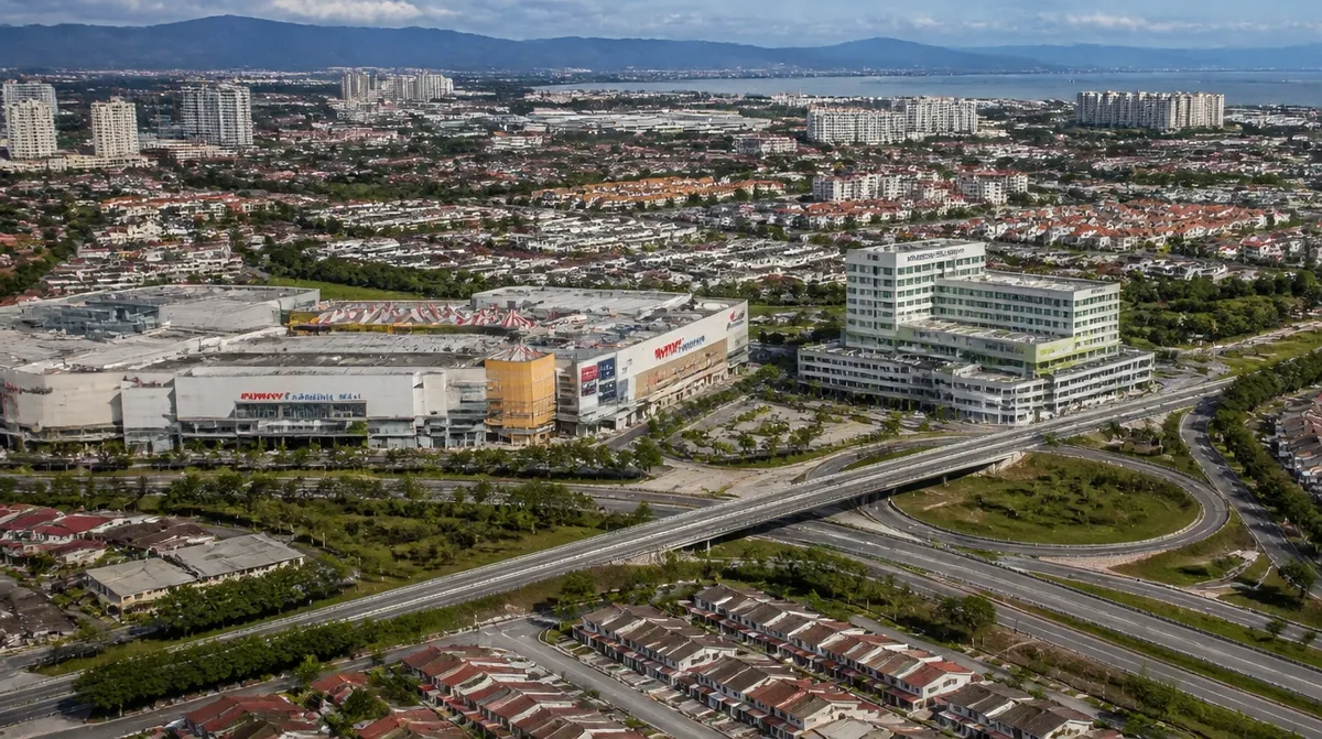 An overview of Seberang Jaya in Penang with the shopping mall, the hospital and housing around the highway