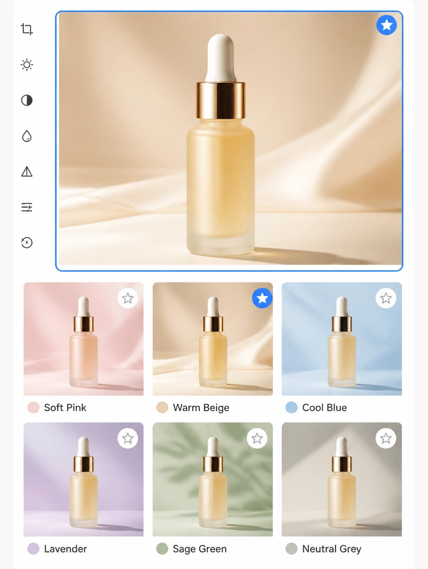 A photo editing screen with a skincare product shot selected above a grid of product photos
