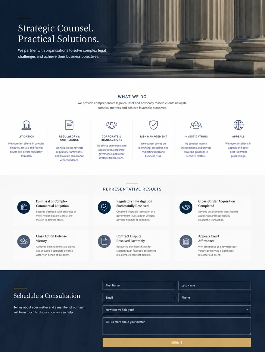 A practice area page covering what the service includes, past results and a consultation form