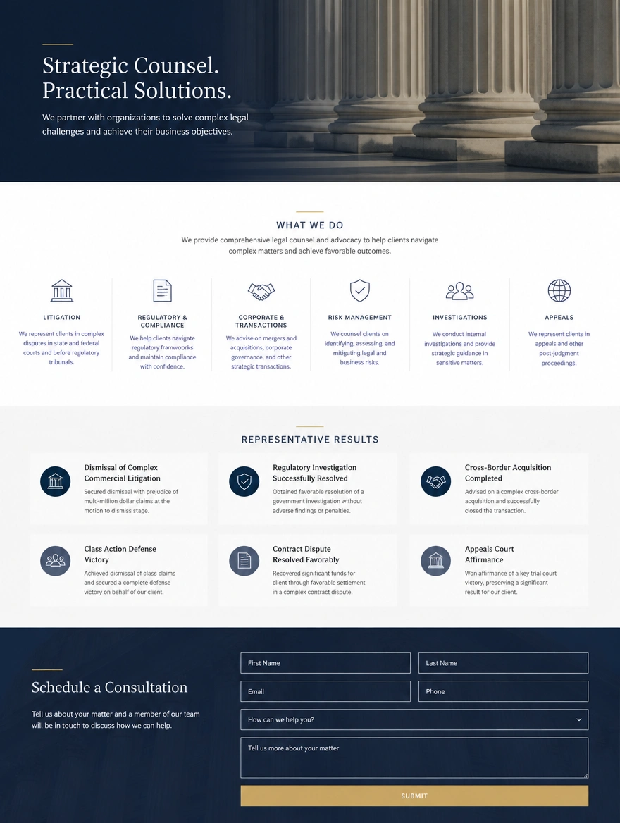 A practice area page covering what the service includes, past results and a consultation form