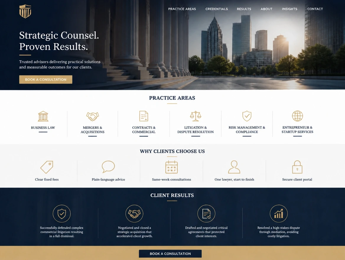 A law firm home page shows practice areas, five reasons clients choose it and client results.