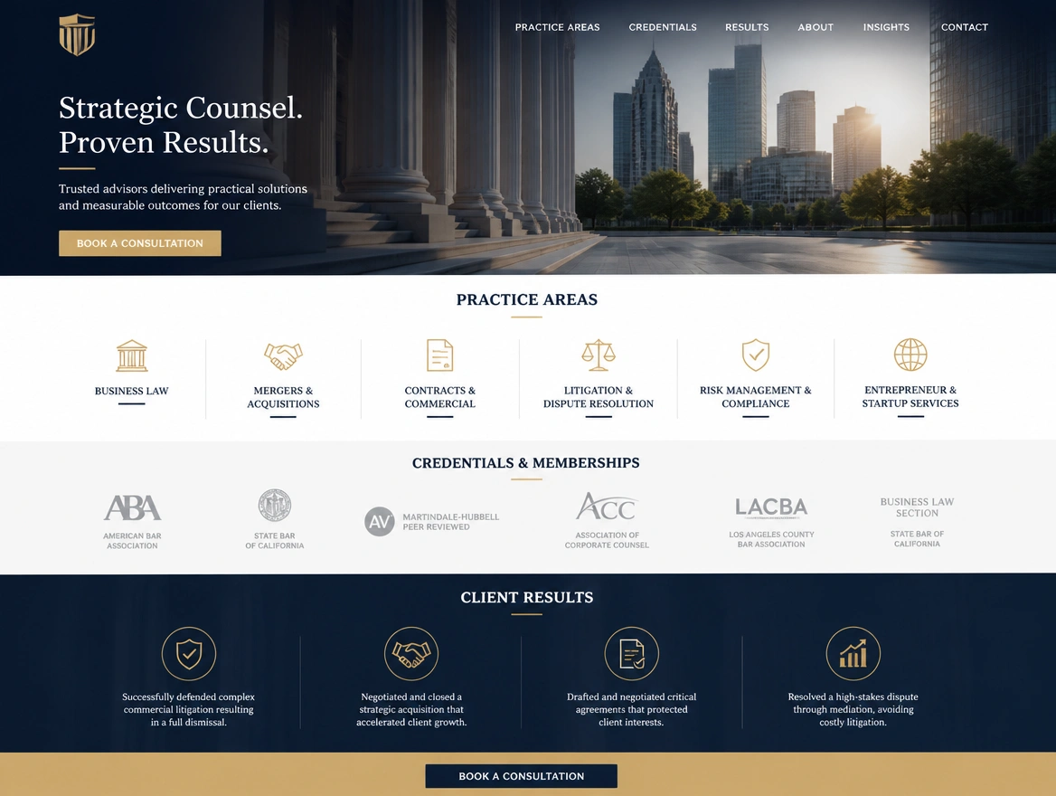 A professional services firm home page with practice areas, credentials and client results