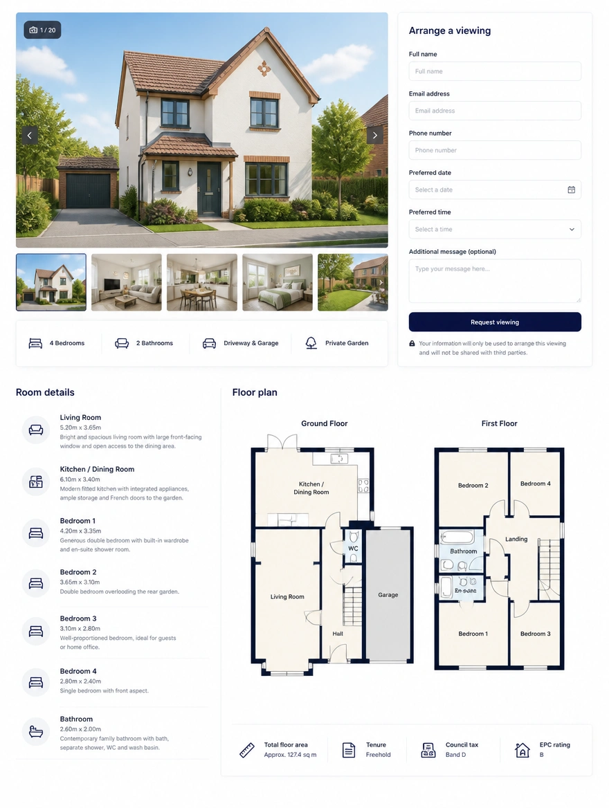 A property listing page with a photo gallery, room details, a floor plan and a form to arrange a viewing