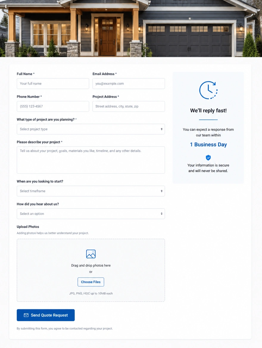 A quote request page: a form about the job, photo upload and a promised reply time