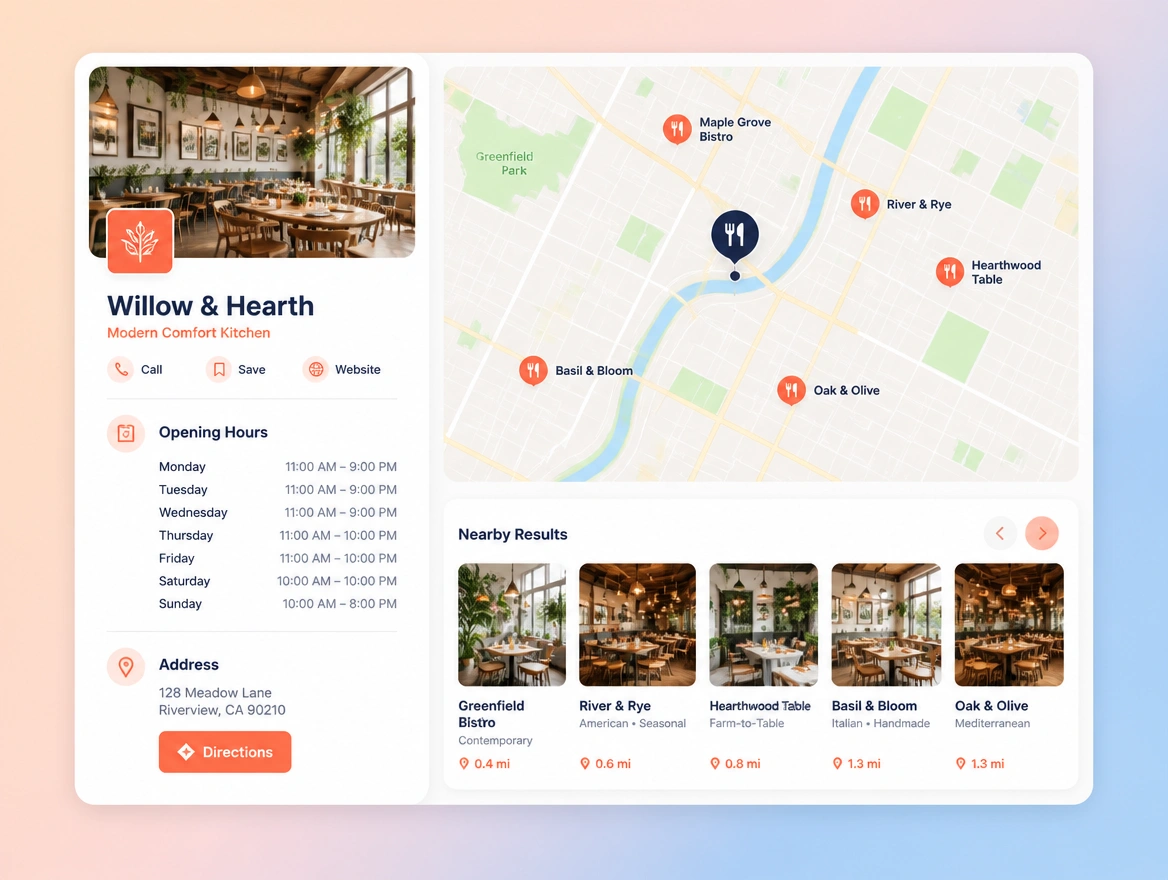 A restaurant listing showing opening hours, address and a directions button, beside a map of nearby restaurants