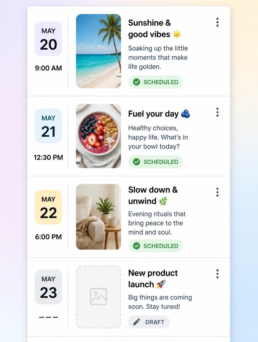 A social content calendar with post drafts and scheduled times