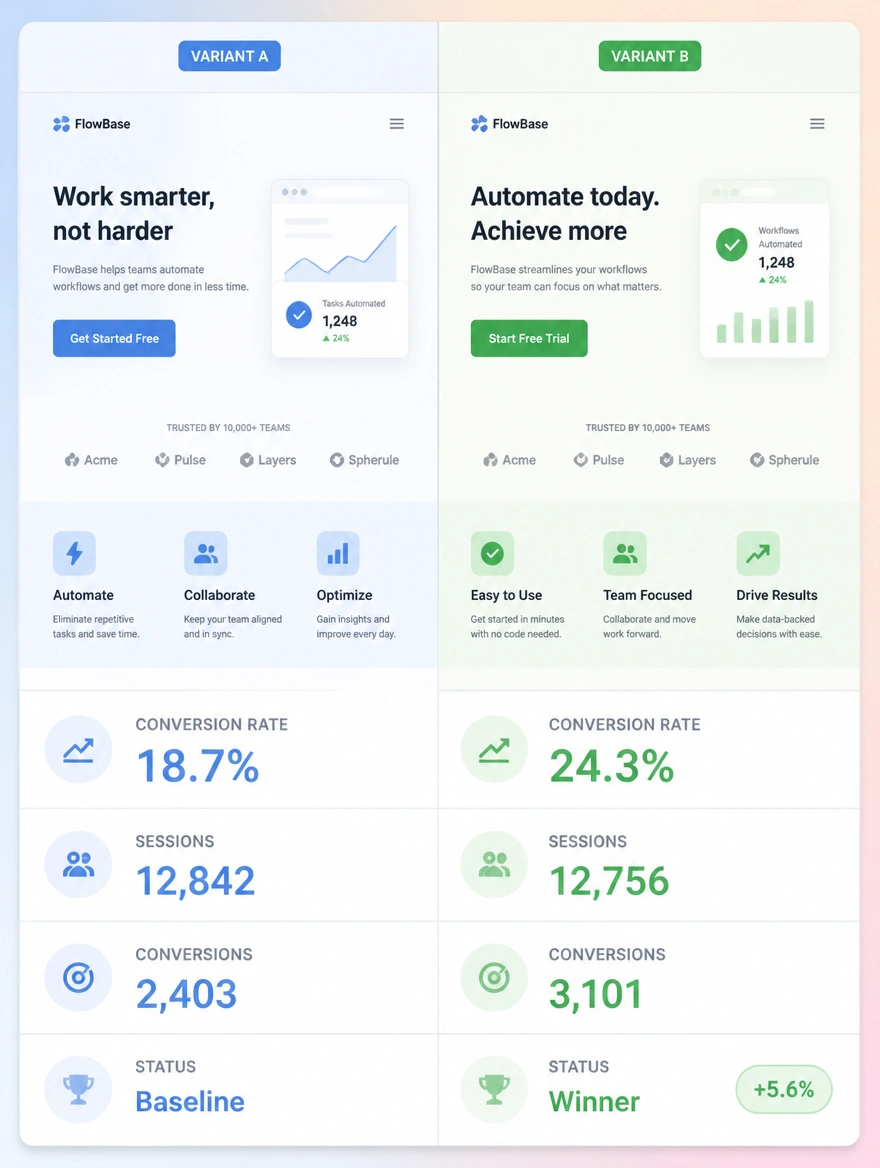 A split test comparing two landing page variants and their conversion rates