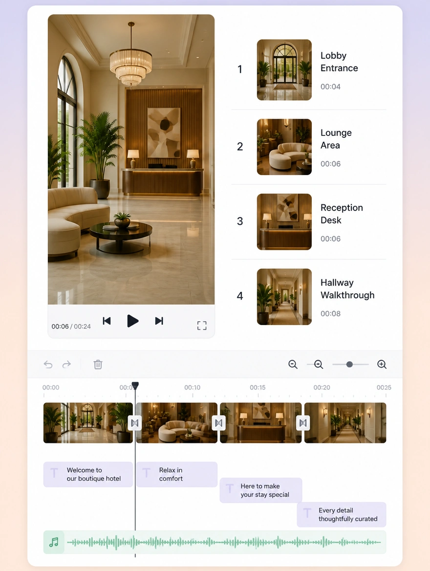 A video editing screen with a vertical hotel lobby clip above a timeline and a short shot list