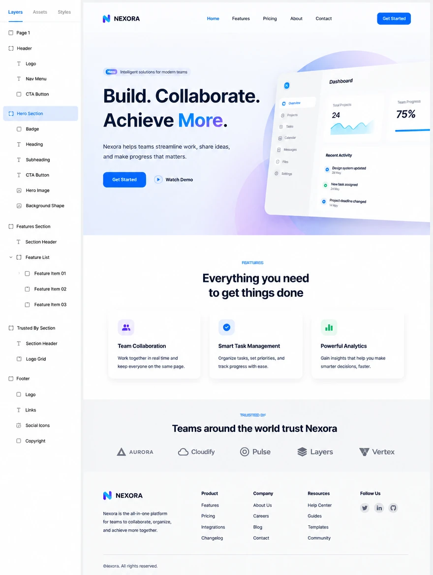 A website home page being designed on a canvas with a layers list beside it