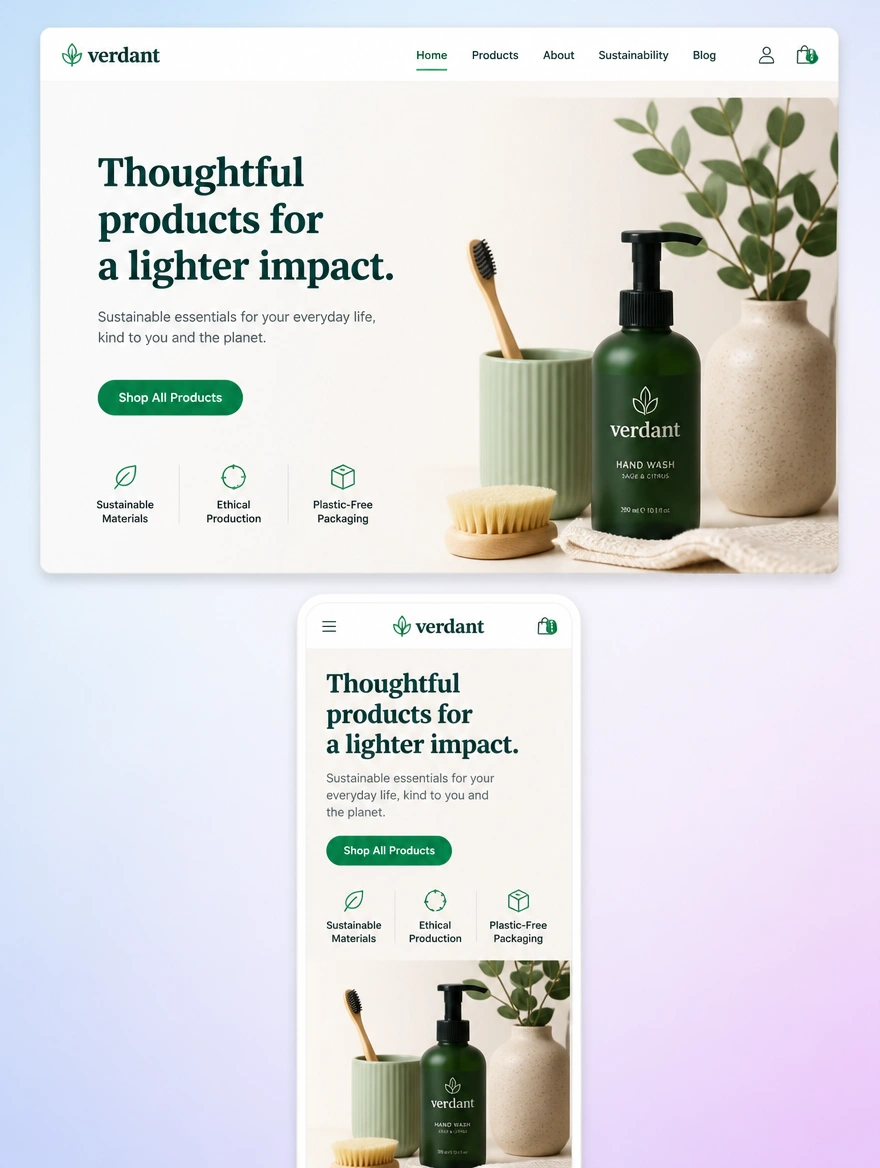 One website home page built out at desktop width and at phone width