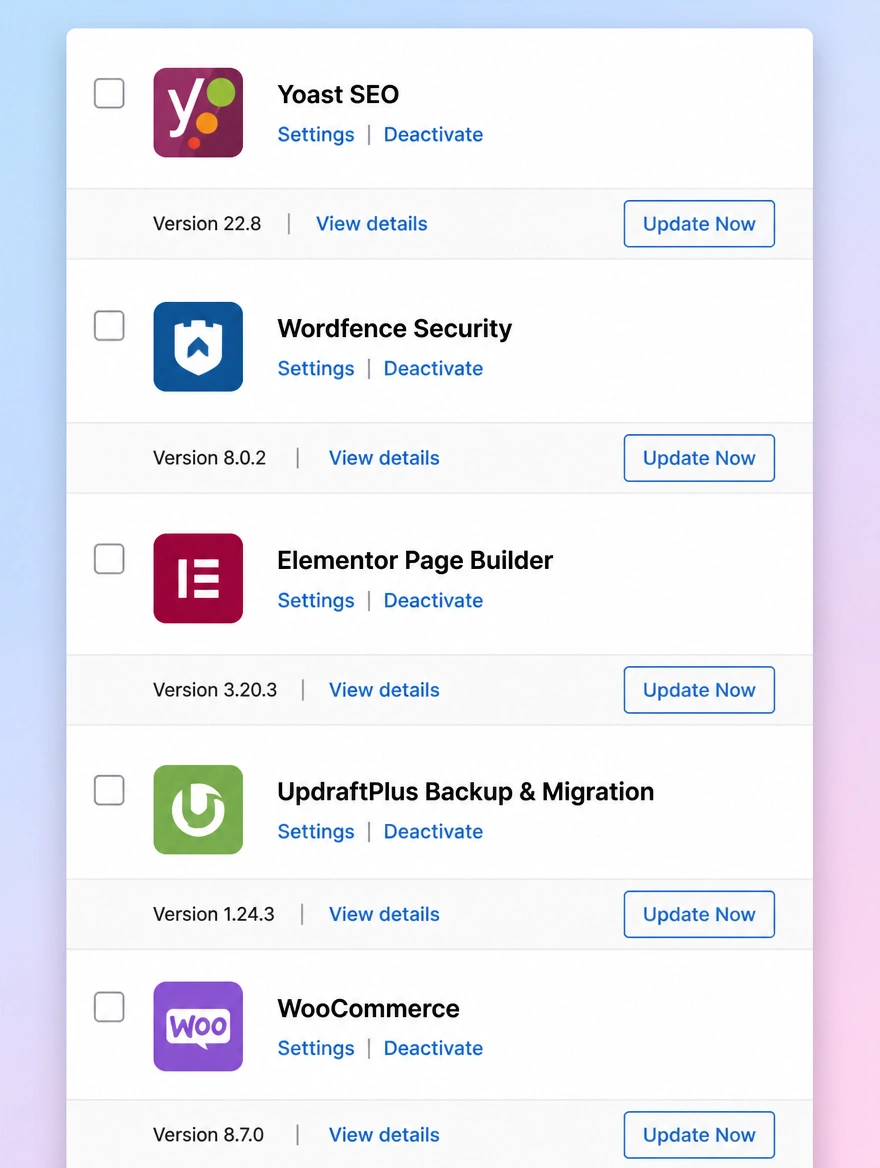 A WordPress plugin list showing versions and pending updates