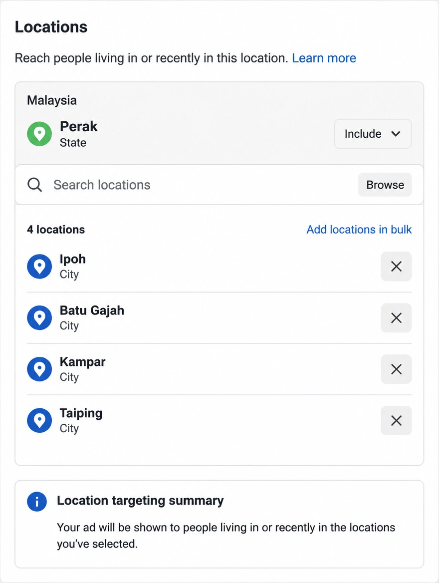 A location targeting screen set to Ipoh and the surrounding towns in Perak