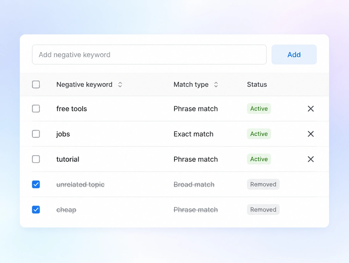 Website mockup showing search term cleaning