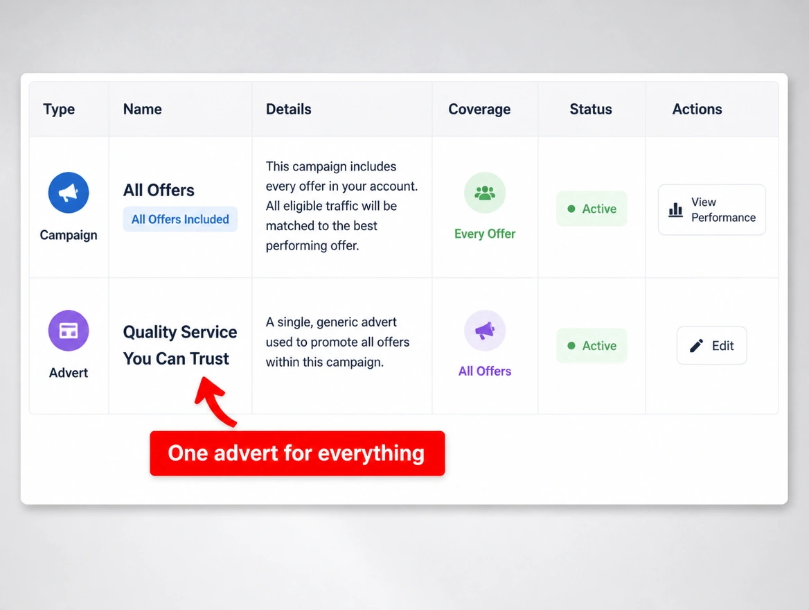 One campaign containing every offer, the generic advert flagged in red