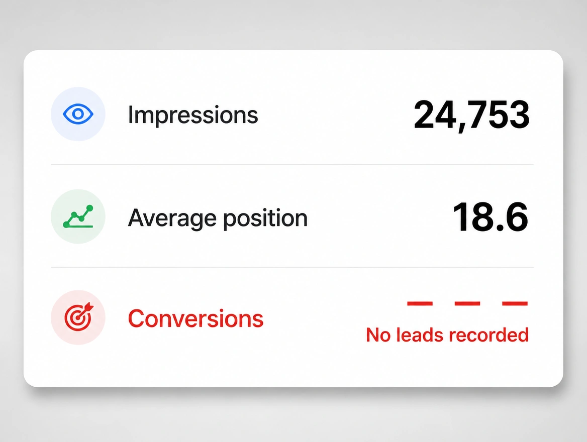 A report showing impressions and average position with conversions missing in red
