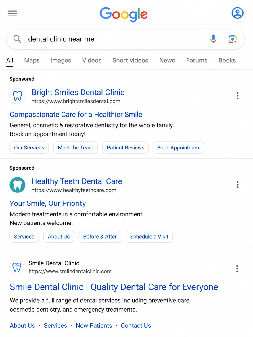 A Google search results page with sponsored dental listings above the organic ones