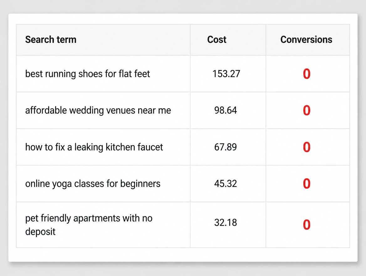 A search terms report with cost against every row and zero conversions